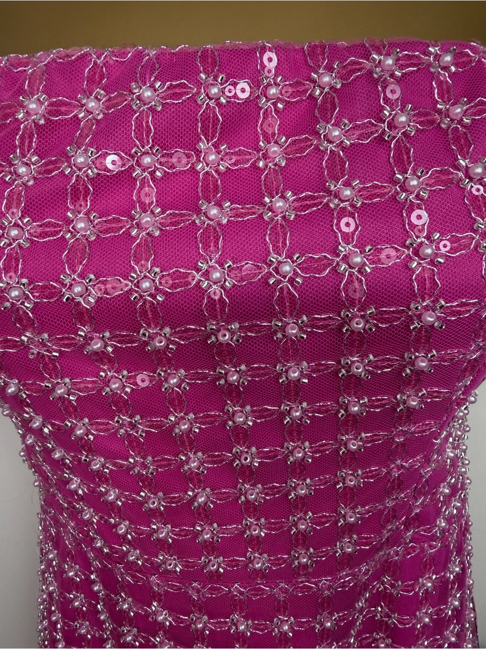 Perfectly Pink Luxurious Mesh Pearl Sequin Strapless Column Maxi Dress NWT Sz S - Picture 9 of 16
